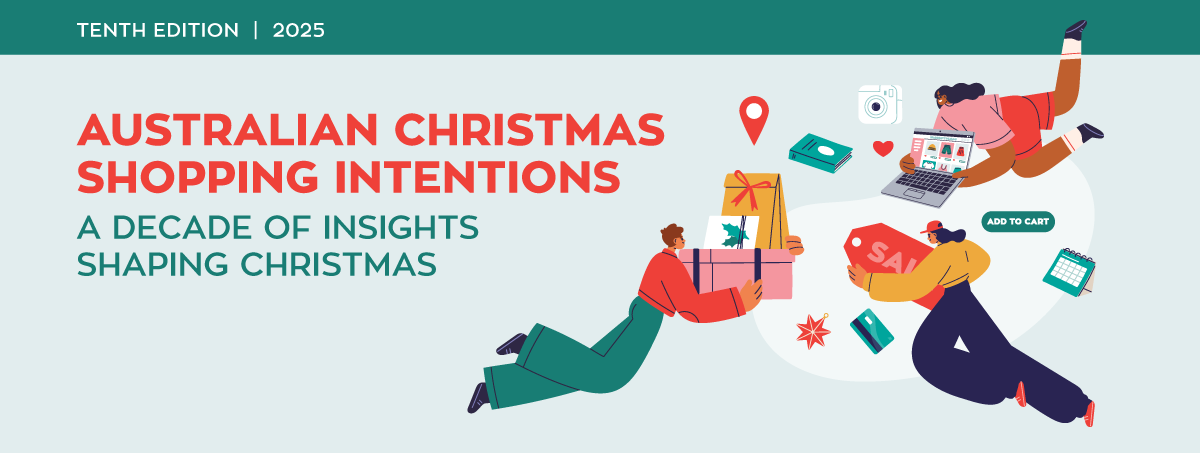 Illustration of Australians shopping for Christmas gifts online and in-store, with icons of sales, payment cards, and presents, promoting the 2025 Australian Christmas Shopping Intentions Report – A Decade of Insights Shaping Christmas.